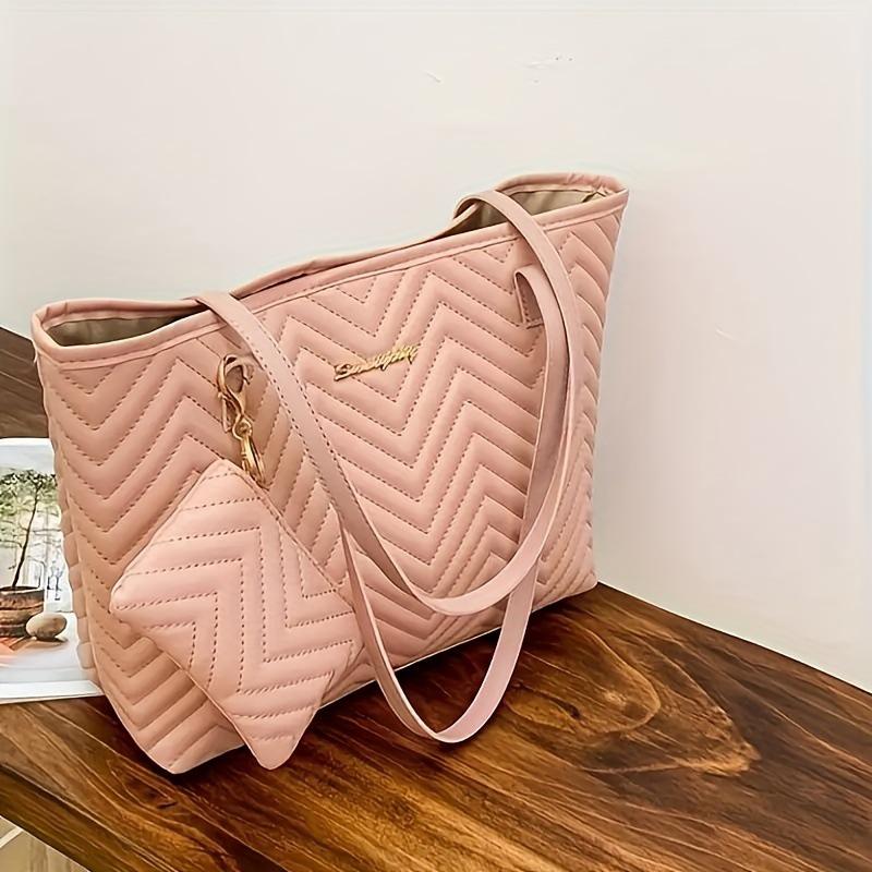 

Women s Wavy Quilted Embroidered Tote Bag Set – 2024 Single Shoulder Large Bag рожевий