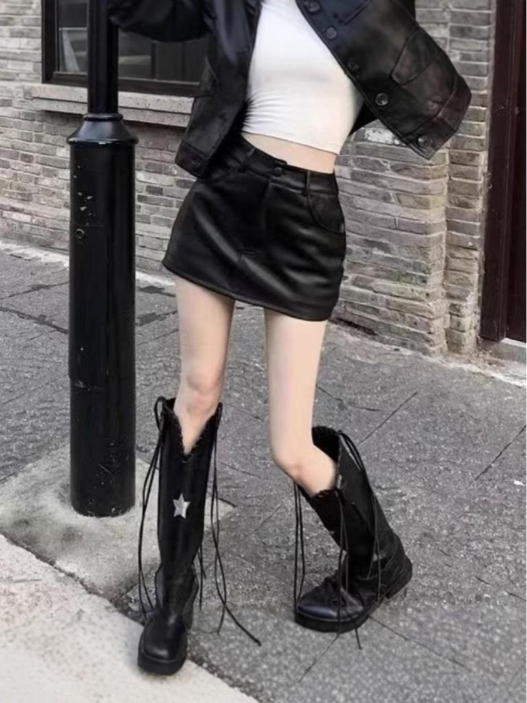 American Spicy Girl PU Leather High-Waisted A-Line Mini Skirt - Slimming, Sexy, Autumn/Winter Hip-Hugging Style for Women