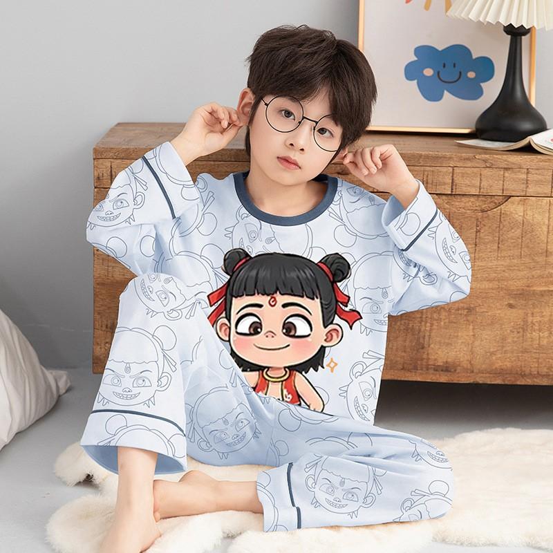 Boys Long Sleeve Cotton Pajamas Set Cartoon Print Sleepwear Kids Teens Home Outfit Fall