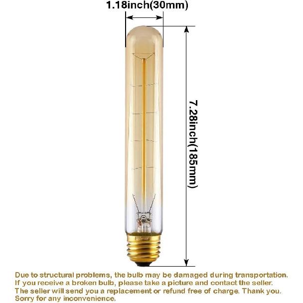 CTKcom T9/T185 40W Vintage Edison Light Bulbs E26 E27 Base(4 Pack)- Tubular Bulb Nostalgic Tungsten Filament Antique Incandescent Bulb Golden Tinted