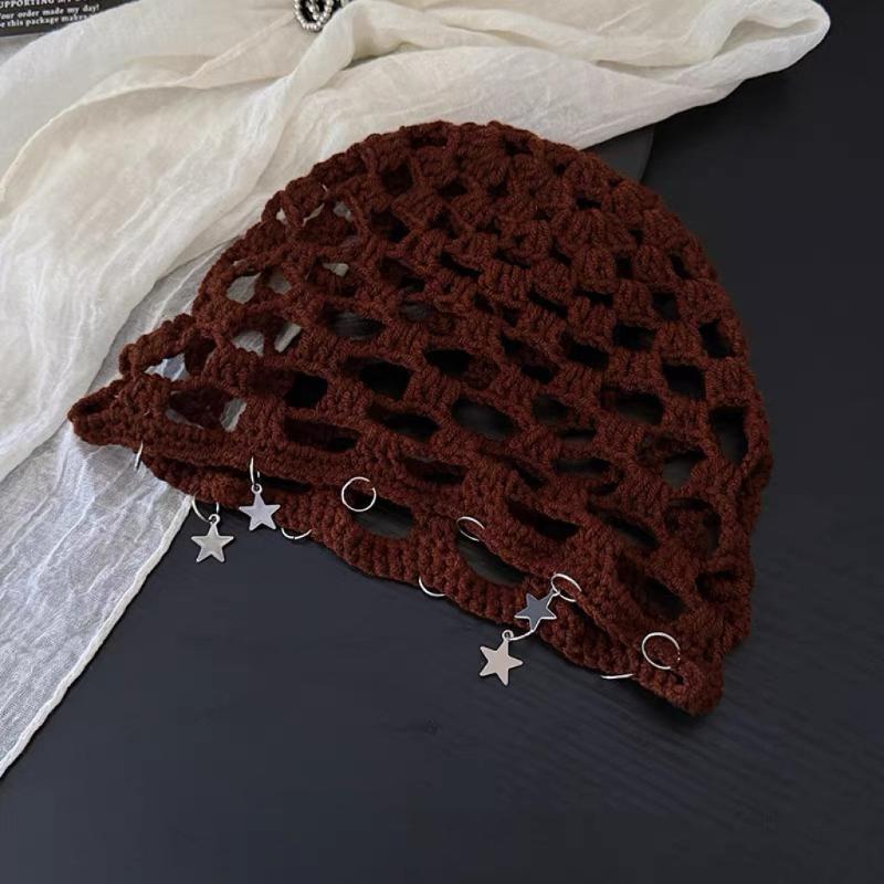 Women Crochet Hollow Star Knitted Summer Beanie Cap Stretchy Breathable Casual Head Cap for Gift Giving