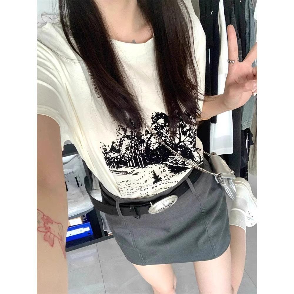Pure cotton heavy short-sleeved t-shirt women's summer new loose niche design half-sleeved trendy brand American