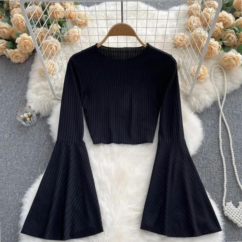 

Hotsweet Elegance Casual Fashion Расклешенный рукав Короткий О-образный вырез Тонкая футболка и блузки Топ Лето Осень Одежда Для Женщин Базовые M чёрный