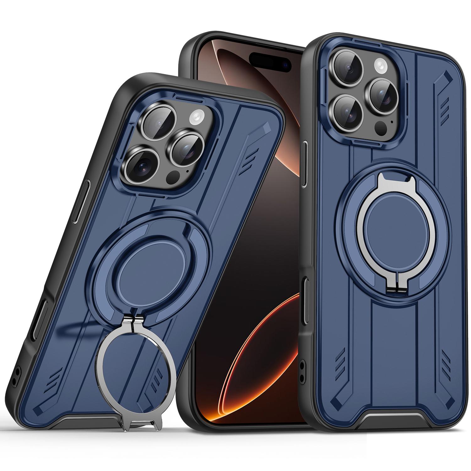 

For iPhone 16 Pro Max Case Compatible with MagSafe Rotating Ring Kickstand PC+TPU Shockproof Phone Cover Blue