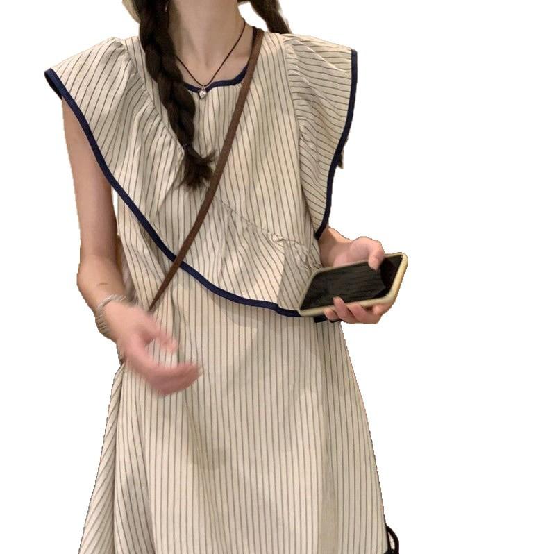 Striped small flying sleeve dress women's summer new small fresh art age-reducing a-word skirt doll skirt small man