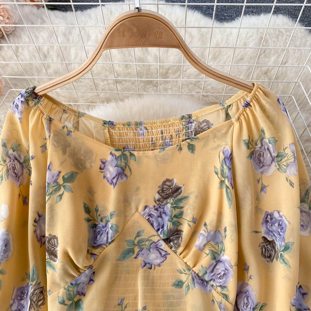 Holiday Style Suit Western Style Puff Sleeve Short Top High Waist Pleated Skirt Chiffon Floral Two-Piece Set