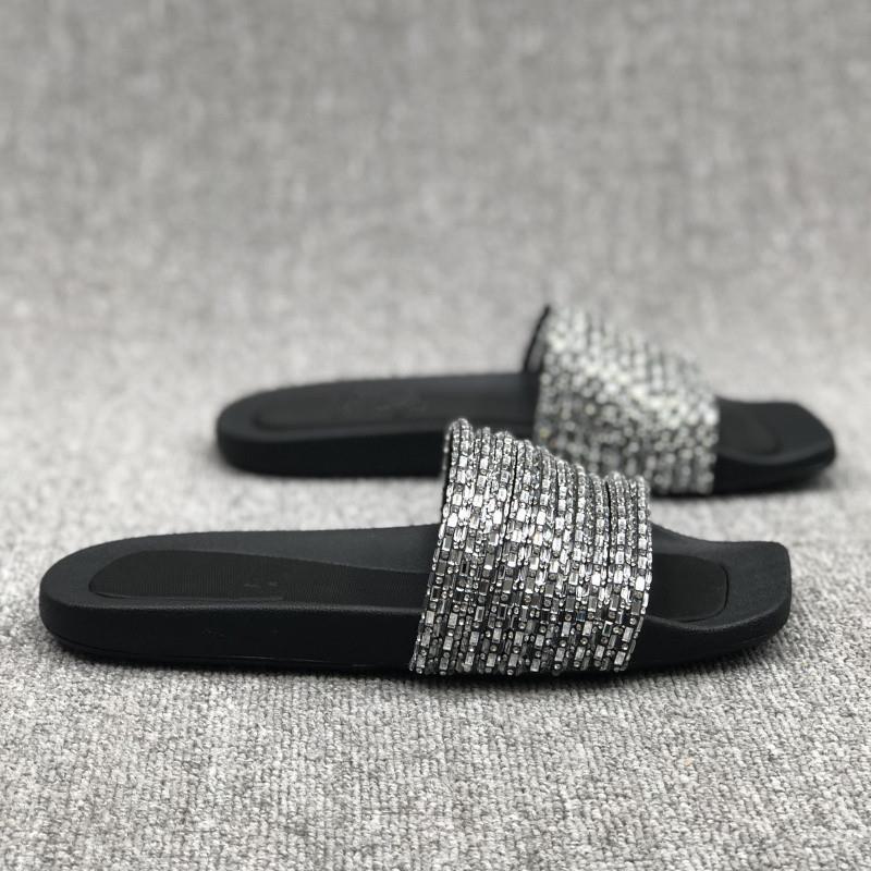 Summer New Women's Shoes Open-toed Flat-bottomed Rhinestone Strips Wear One-word Drag Simple Cool Slippers Women