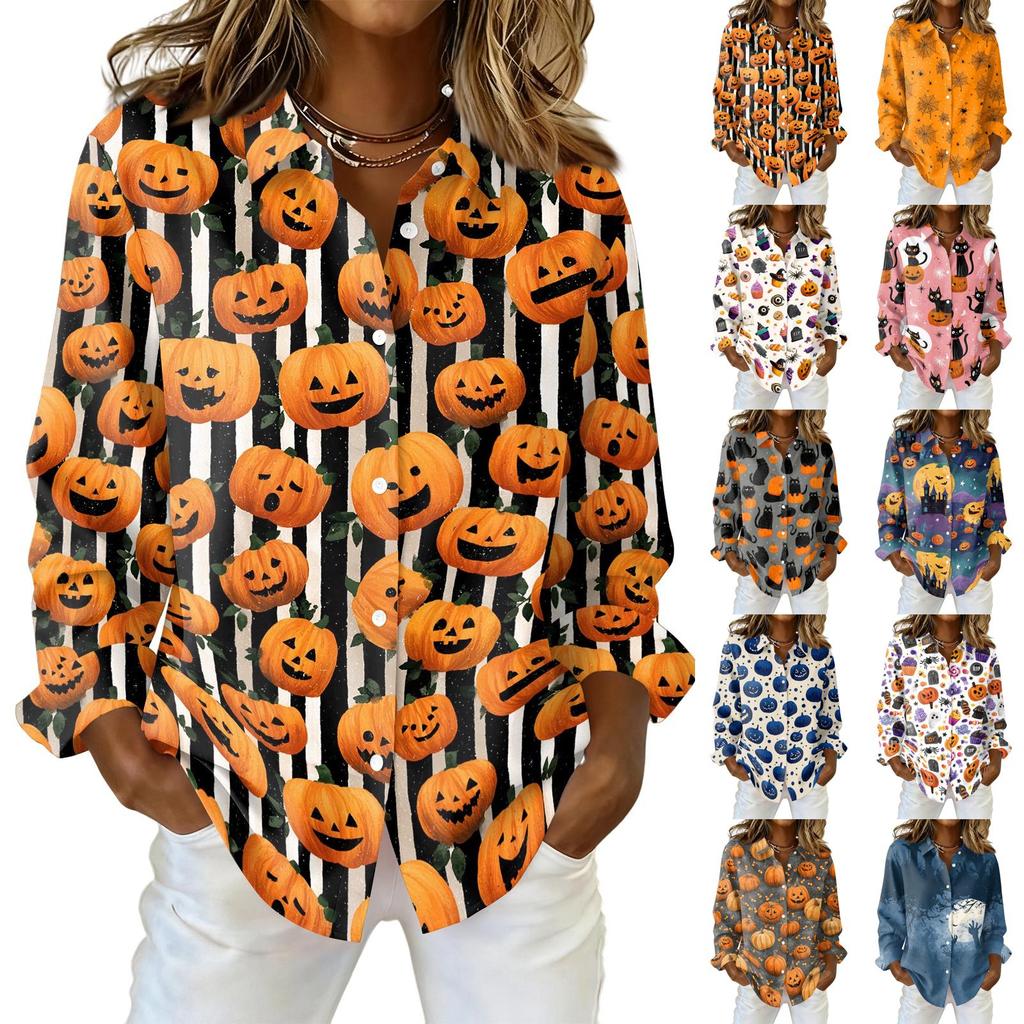 Women Button Down Shirt Halloween Pumpkin Print Turn Down Collar Long Sleeve Casual Fit Blouse Top for Daily Wear