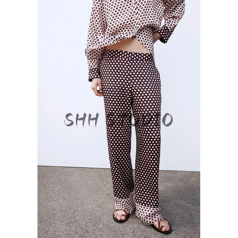 Spring New Women's Clothing Silk Satin Texture Shirt 2157039 Silk Satin Texture Printed Pants 2425578