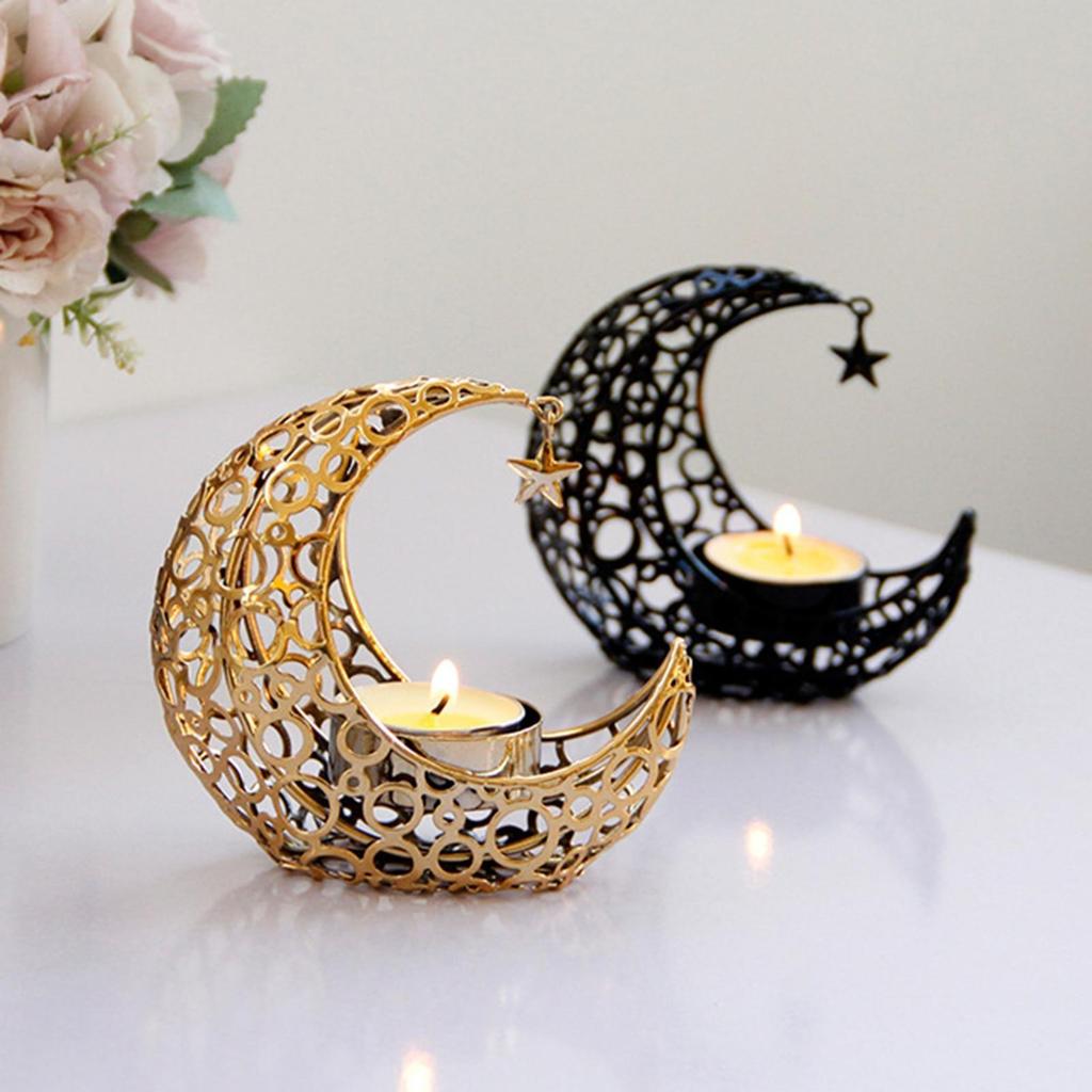 Crystal Pillar Candle Holders Moon Shaped Metal Candle Holders Moon Candle Stand Decorative Candlestick Holders for Table