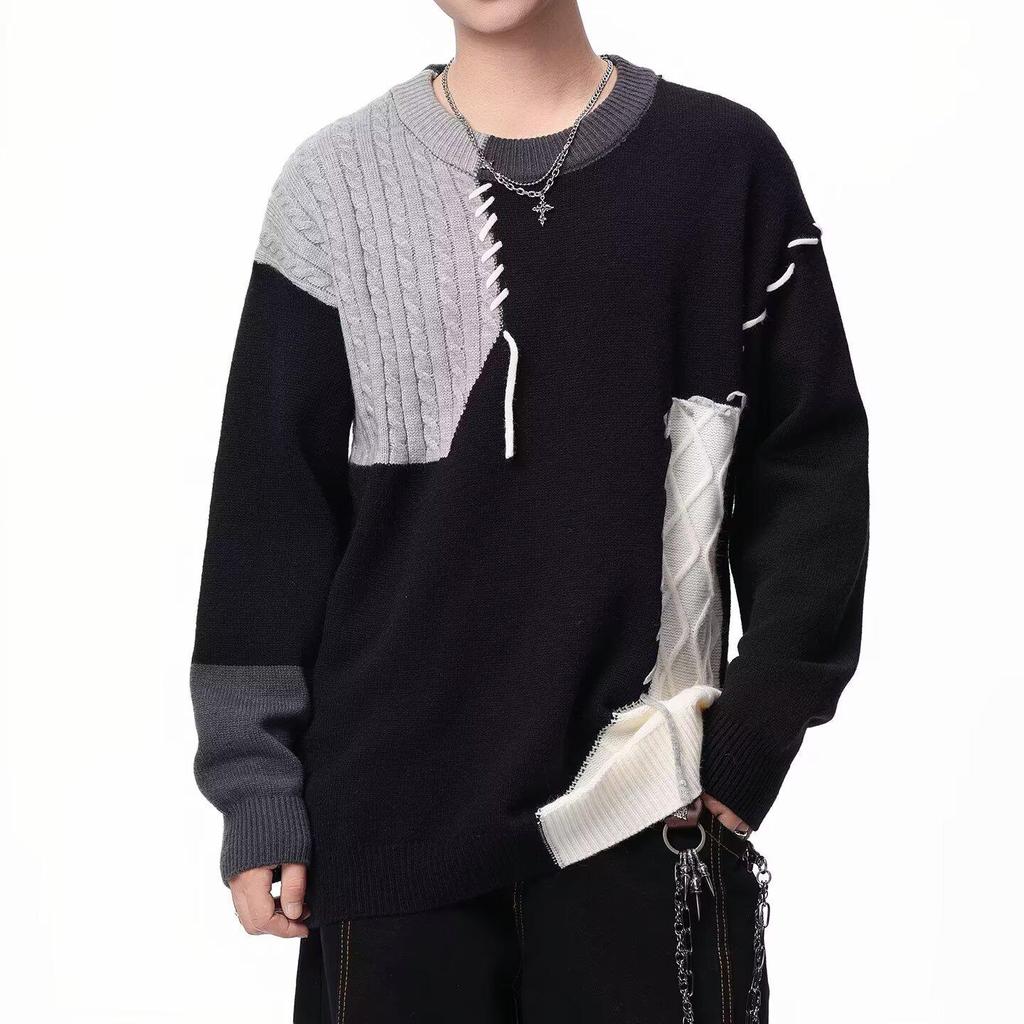 Men's Patchwork Color Block Sweater - Winter Casual Loose Fit Knitwear with Personality Design