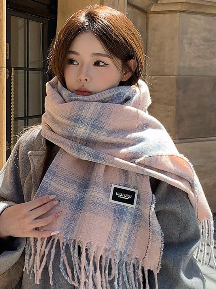 Women Plaid Print Knitted Scarf Headscarf Ladies Casual Sweet Tassel Warm Scarve Mujer Wrap Shawl Student Young Girl New Winter