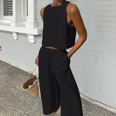 2Pcs/Set Women Summer Outfit O-neck Sleeveless Vest Elastic High Waist Long
