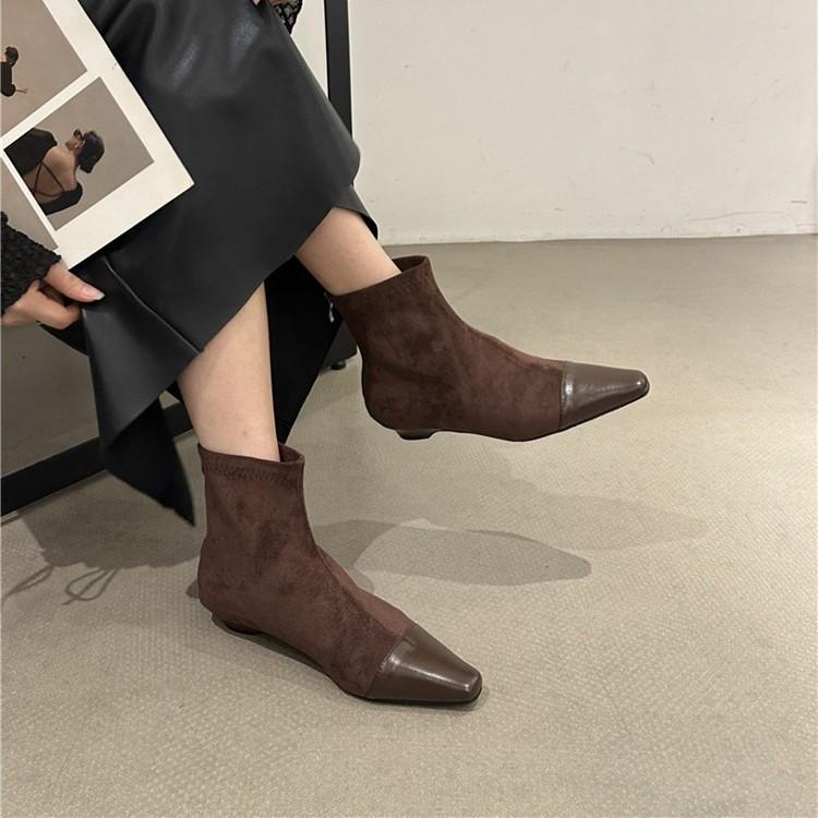 French Splicing Square Head Thick Heel Short Boots Women's 2025 Autumn and Winter New Suede Temperament Medium Heel Thin Boots Socks Boots Women's B