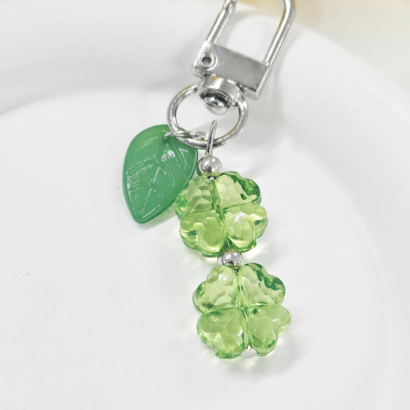 Lucky Four-Leaf Clover Transparent Bead Bag Pouch Keychain