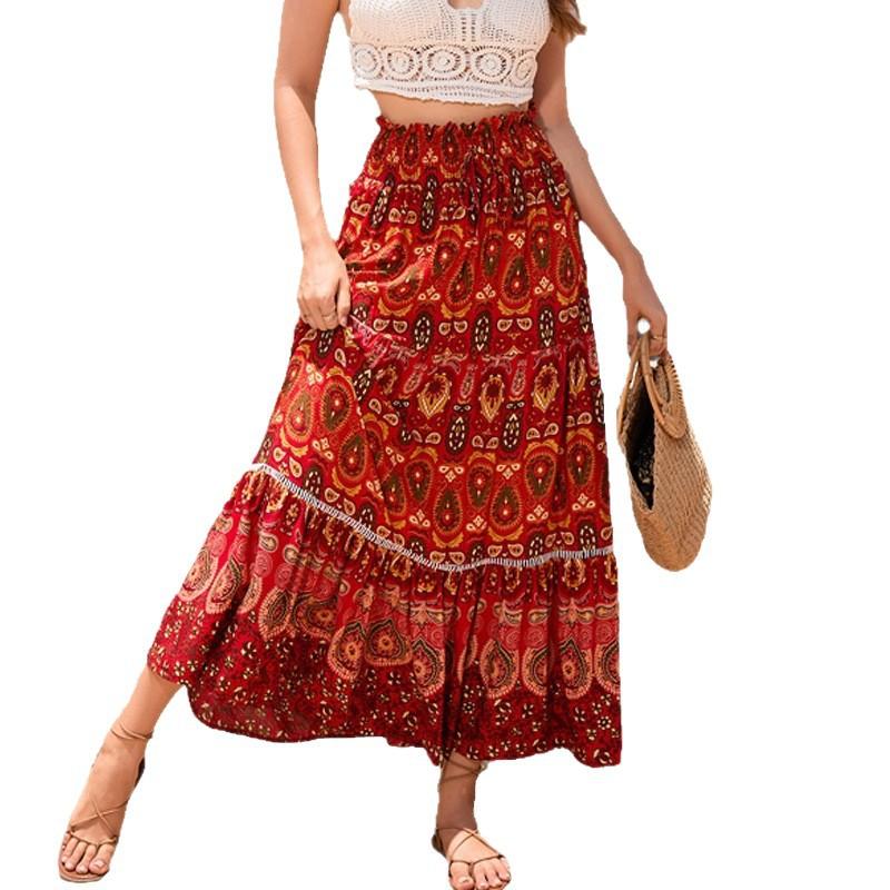 Holiday wind hollow lace splicing human cotton skirt exotic wind high waist thin swinging beach skirt