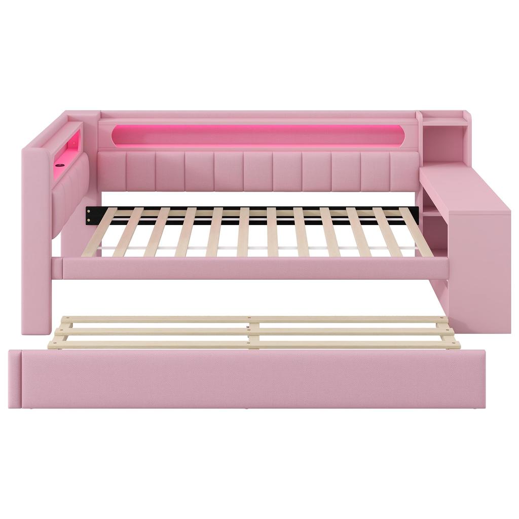 Children's Bed 90x200, Upholstered Headboard, LED Compartment, Multifunctional Bed: Desk, USB, Pull-out Bed, Slat Base, Pink (without Mattress)