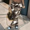Dame Camo Print Cargobukser Høy Midje Vide Ben Baggy Streetwear Casual Kamuflasje Militærbukser med Lommer