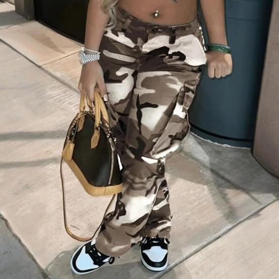 Dame Camo Print Cargobukser Høy Midje Vide Ben Baggy Streetwear Casual Kamuflasje Militærbukser med Lommer