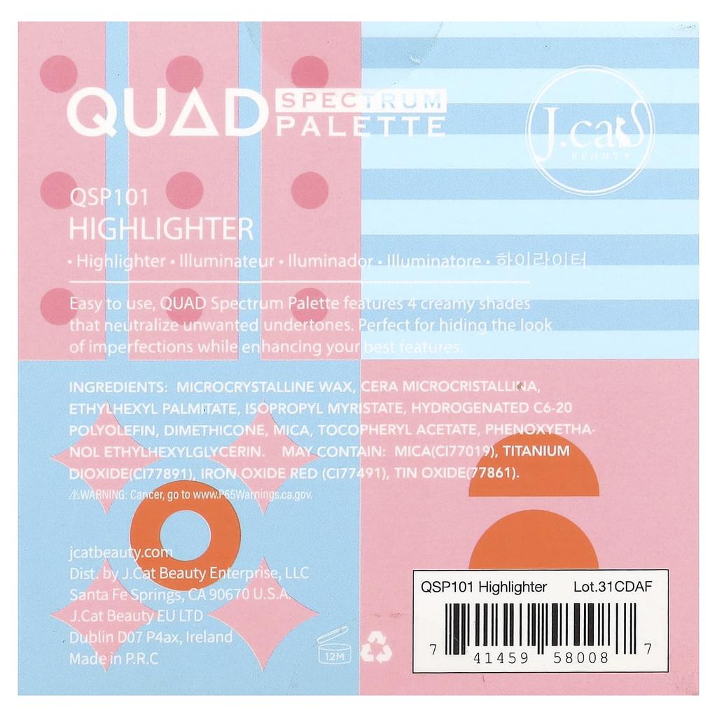 J.Cat Beauty, Quad Spectrum Face Palette Highlighter, QSP101, 6g (0.21oz)