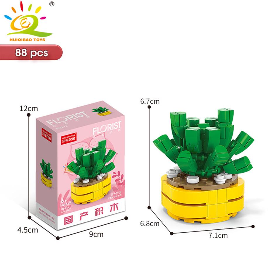 HUIQIBAO MOC Flower Succulent Potted Model Building Block DIY Eternal Bouquet Home Desk Plant Decor Brick Girl Gift Children Toy