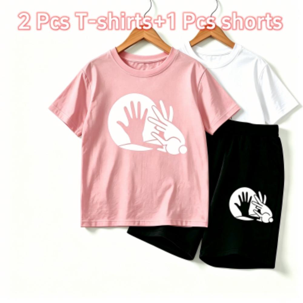 Rabbit Shadow Print Outdoor Street Kids T-shirt and Shorts Summer Home Casual Outfit Boy and Girl's Sports Set