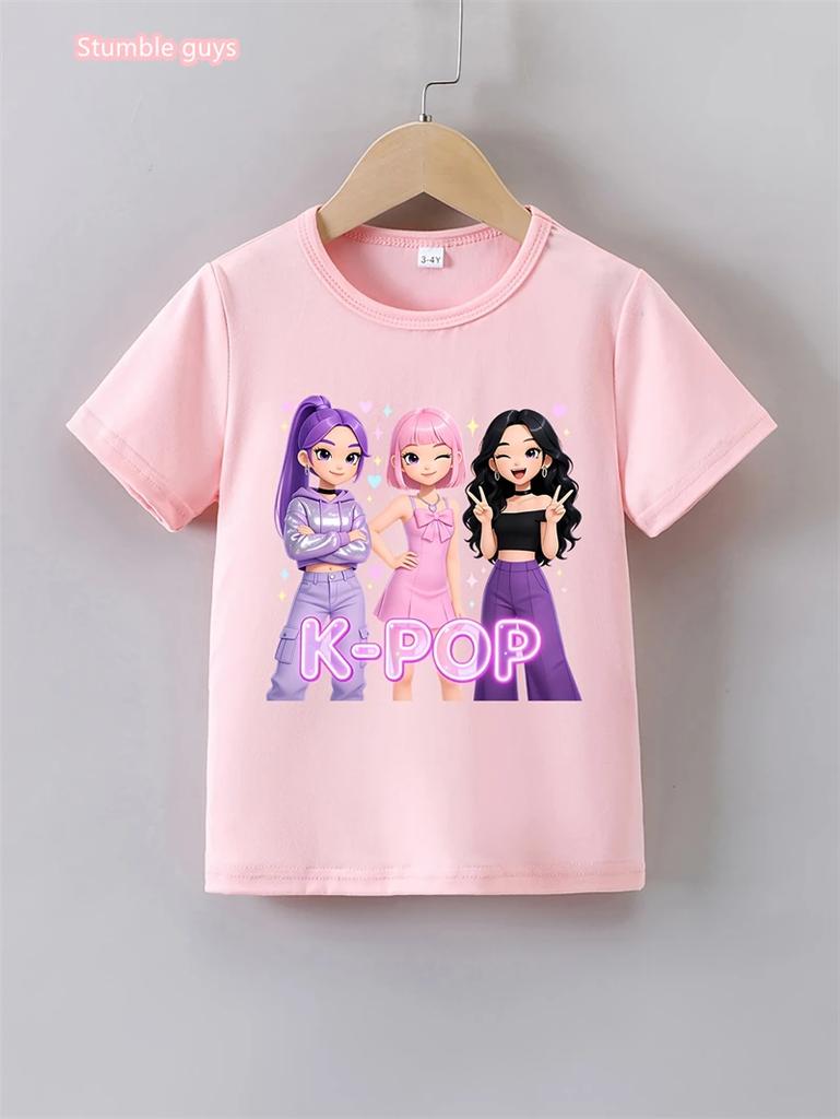 Summer Casual Kids Kpop TShirt Girls Cute Anime Print Short Sleeve Anime Clothes Soft Cartton Tee Tops Girls Daily Outdoor Wear