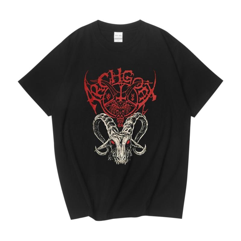 T-shirt a maniche corte in cotone larga, stile rock dark, correlata a band finlandese di death black metal, capra dell'arcata