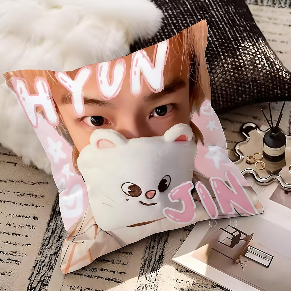 Hyunjin Graphic Pillow Cover Pink Pastel Star Heart Pattern Decorative Pillowcase For Sofa Bed Bedroom Fan Gift