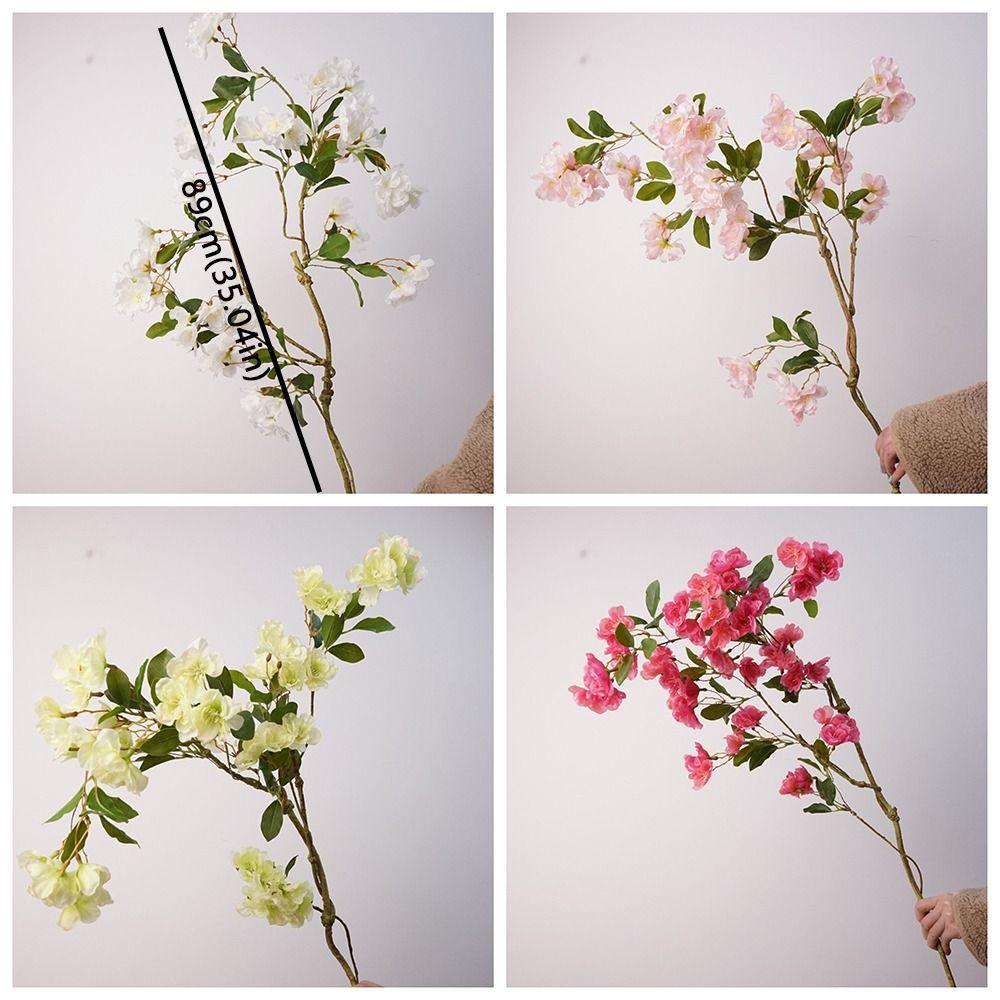 Long Branch Artificial Cherry Blossom Realistic Real Touch Silk Cherry Blossoms Branch Handmade with Leaves Fake Flower