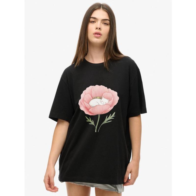 Oversized T Shirt Black Poppy Flower With Sleeping Cat Print Casual Wear For Women