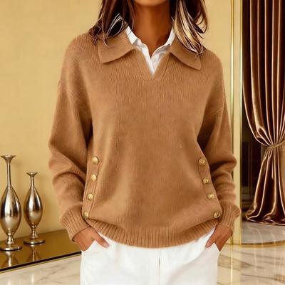 Women Sweater Lapel Long Sleeve Loose Fit Solid Color Knitting Tops with Buttons Pockets Autumn Winter Pullover Tops