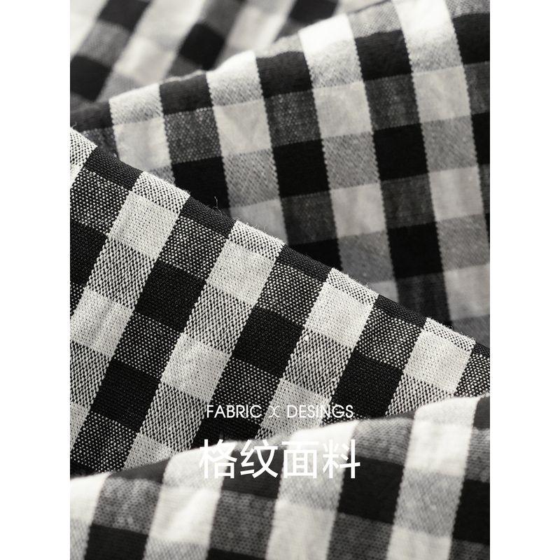 Plus size women clothing [Dew Fairy Tale] Summer French style Doll Collar Lace Stitching High Waist Slimming Plaid Dress