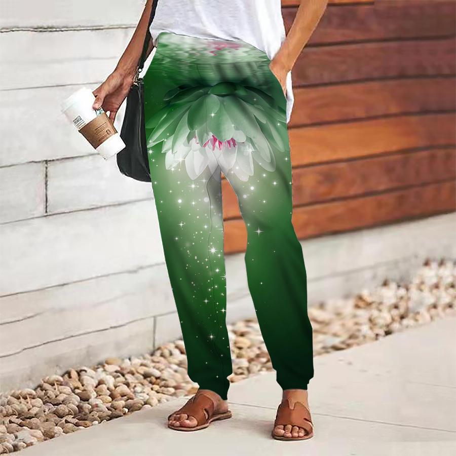 Pantaloni Dama cu Imprimeu Floral, cu Șiret, Talie Elastică, Largi, Pantaloni Lungi Casual, Pantaloni cu Buzunare