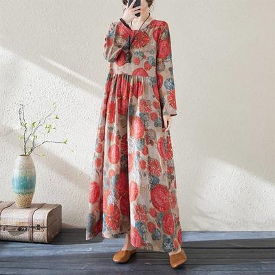 Print O-Neck Vintage Retro Dress Woman Spring Niche Long Sleeves Personality Loose Dress