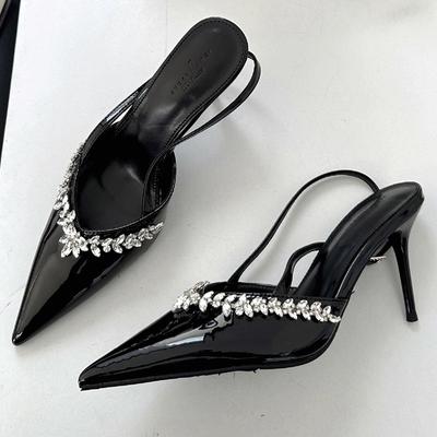 High Quality Patent Leather Rhinestone High Heels Women Sexy Pointed Toe Slingback Heeled Sandals Elegant Banquet Dress Shoes