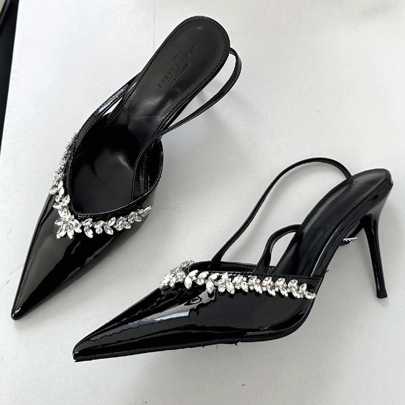 Fashion High Quality Patent Leather Rhinestone High Heels Women Sexy Pointed Toe Slingback Heeled Sandals Elegant Banquet Dress Shoes