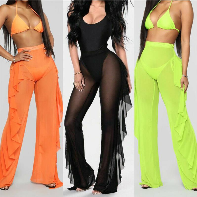Rüschen Einfarbig Lässige Sexy Mesh-Hose Durchsichtige Strandurlaubshose für Damen