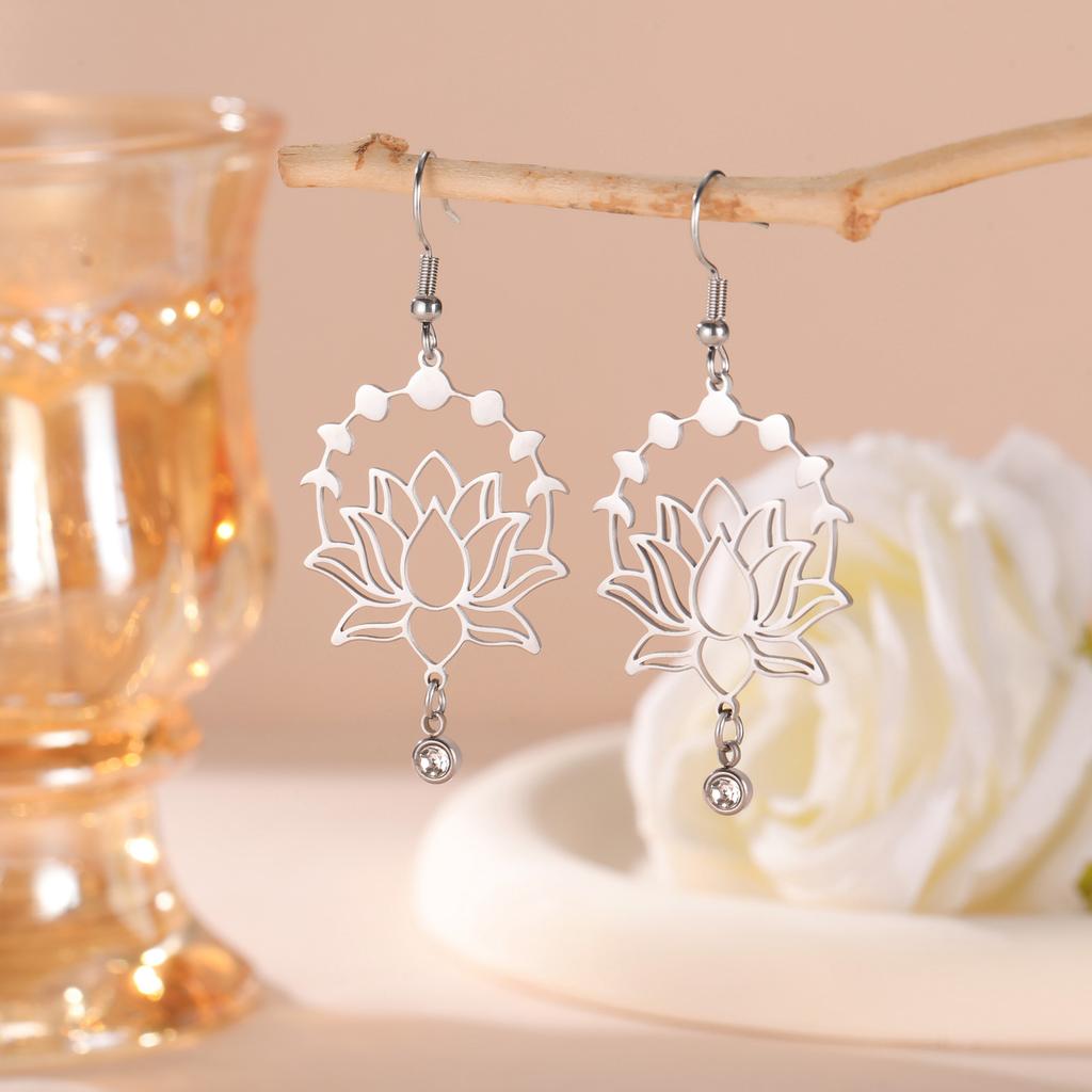 Sweet Double Hole Lotus Pendant Earrings with Tassel Drop Charms