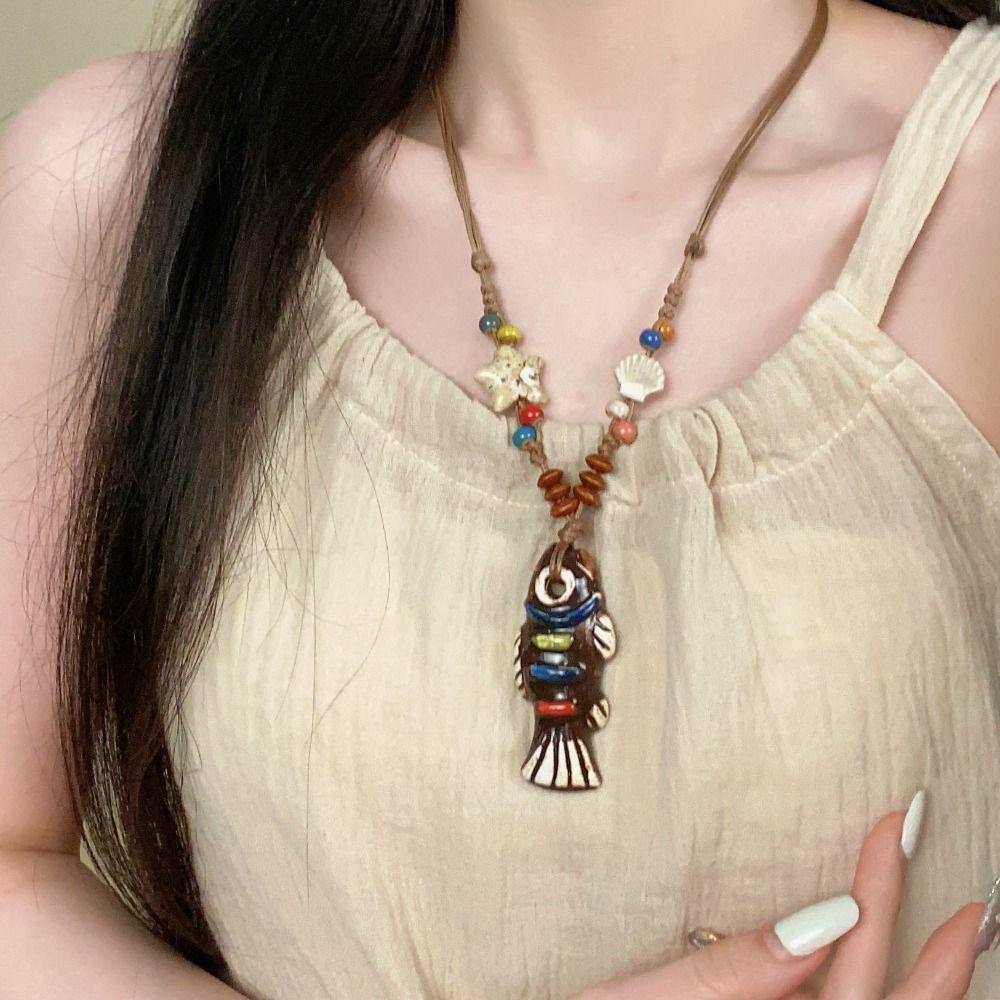 Tassel Ceramic Fish Necklace Vintage Long Sweater Chain Exquisite Ethnic Style Necklace  Women