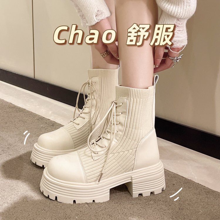 Martin boots women's 2025 spring and autumn new short tube thick-soled elastic boots medium tube boots gray upgraded version beige upgraded version