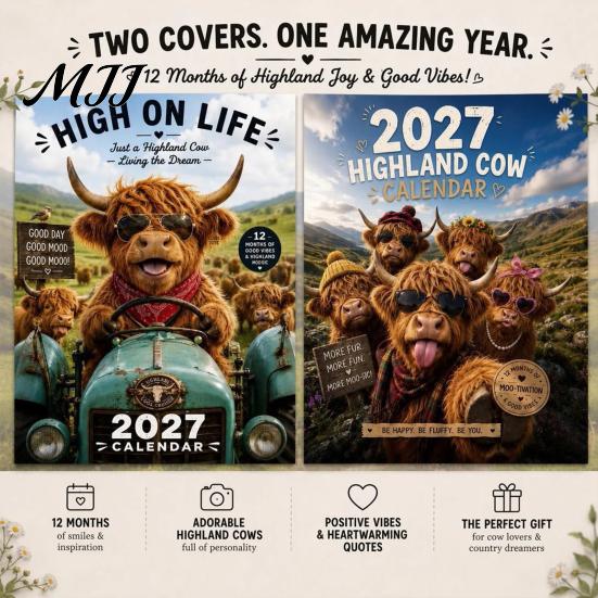 Office Schedule Organizer 2027 Funny Highland Cow Wall Calendar, Cute Farm Animal 12 Month Calendar Scottish Hanging Planner for Rustic Home Decor