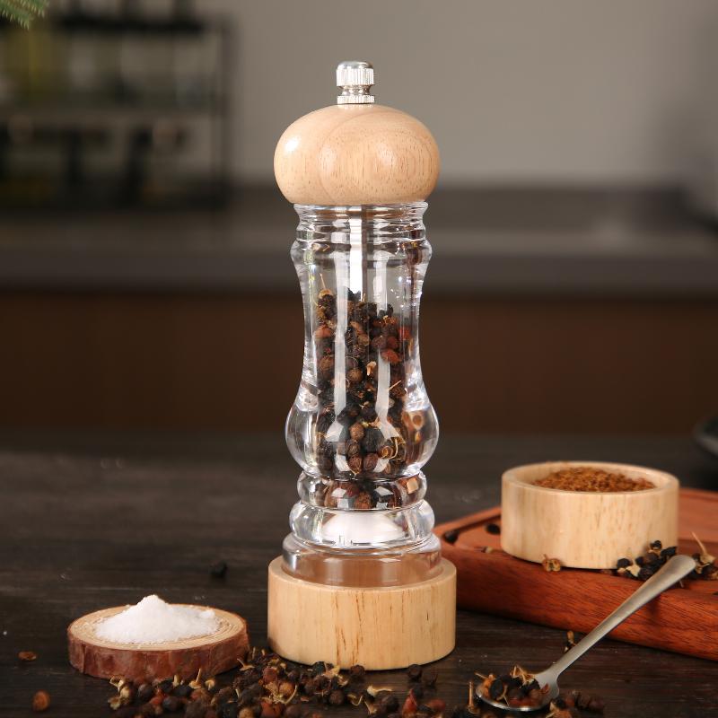 Wood Pepper Grinder Mill, Acrylic Sea Salt Shaker With Adjustable Coarseness, Refillable Manual Ceramic Core Spice Crusher