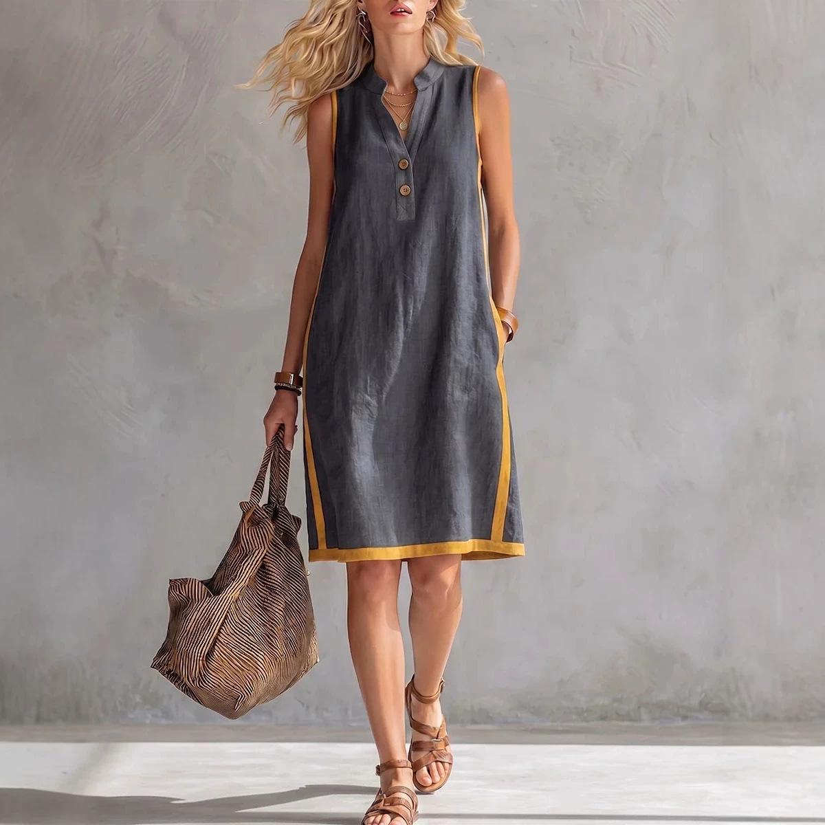 Europe, America 2026 summer new Amazon independent station sleeveless v-neck pocket button casual dress S