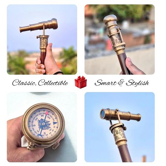 Engraved Brass Walking Cane with Telescope Compass Steampunk Dollond London 1920 Replica Victorian Handmade Cane, Perfect for Gift