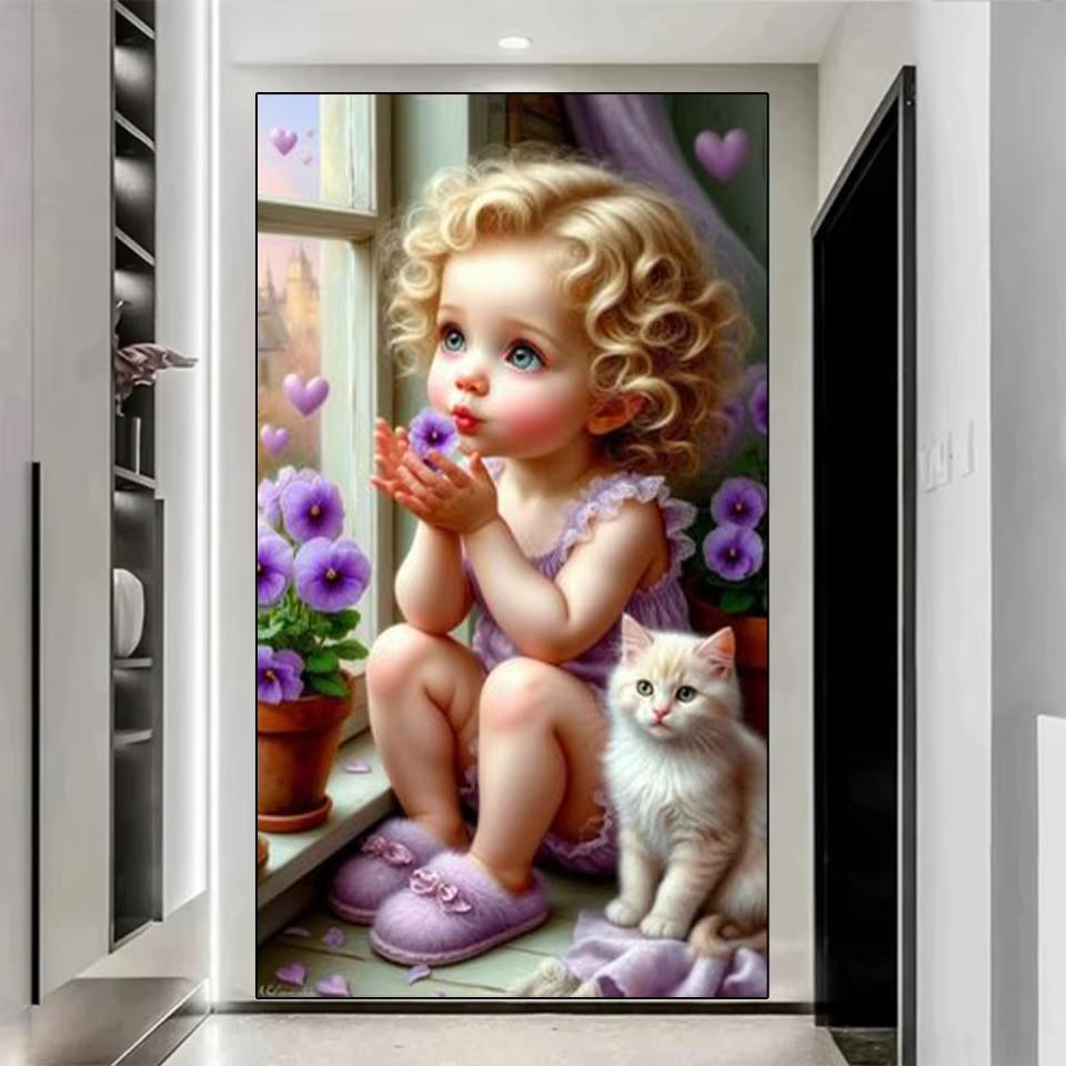 New 2025 Cross Embroidery Girl and Animal Cat 5D DIY Diamond Mosaic Rhinestone Embroidery Kit Home Wall Decoration Gift