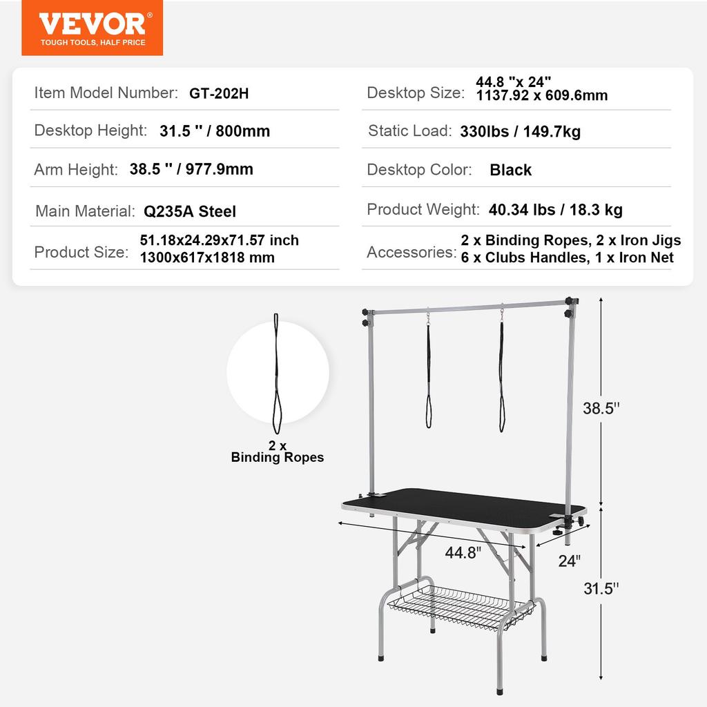 VEVOR Pet Grooming Table Two Arms with Clamp, 117cm Dog Grooming Station, Foldable Pets Grooming Stand for Medium and Small Dogs