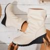 Women's Retro Pleated Pointed Toe Heel Mid-Calf Boots with Back Zipper for Fall Winter