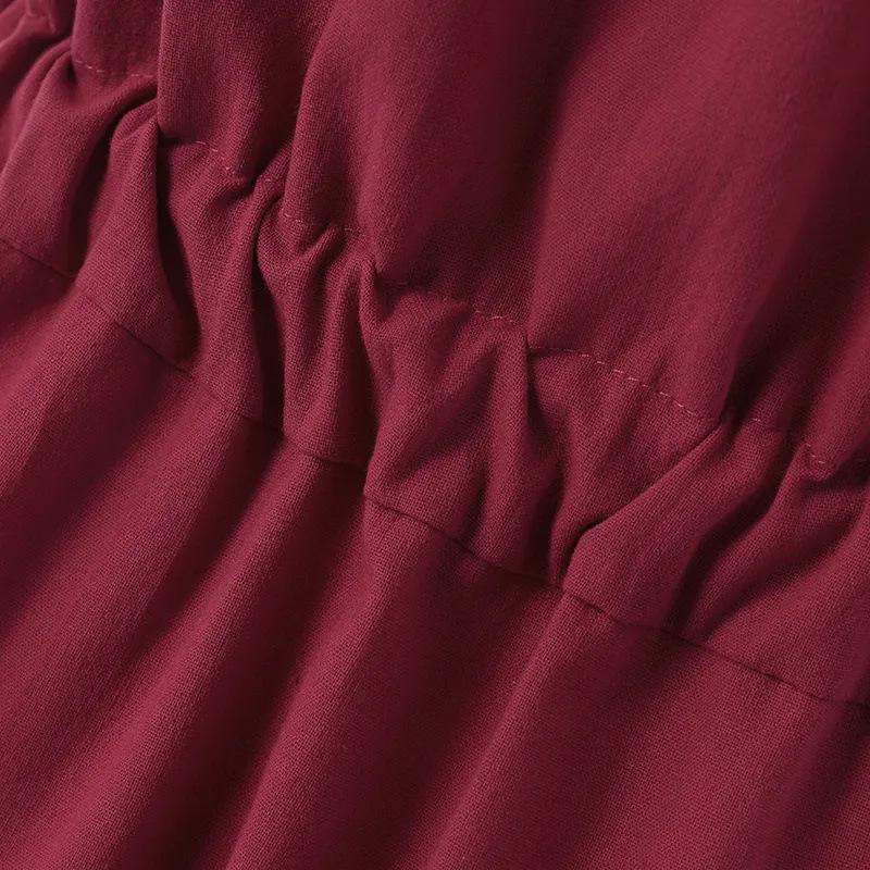 Einfarbiges Baumwoll-Leinen-Kleid, Mittellang, Schnürung, Taillenbetonend, Schlankmachend und Modischer Weiter Rock