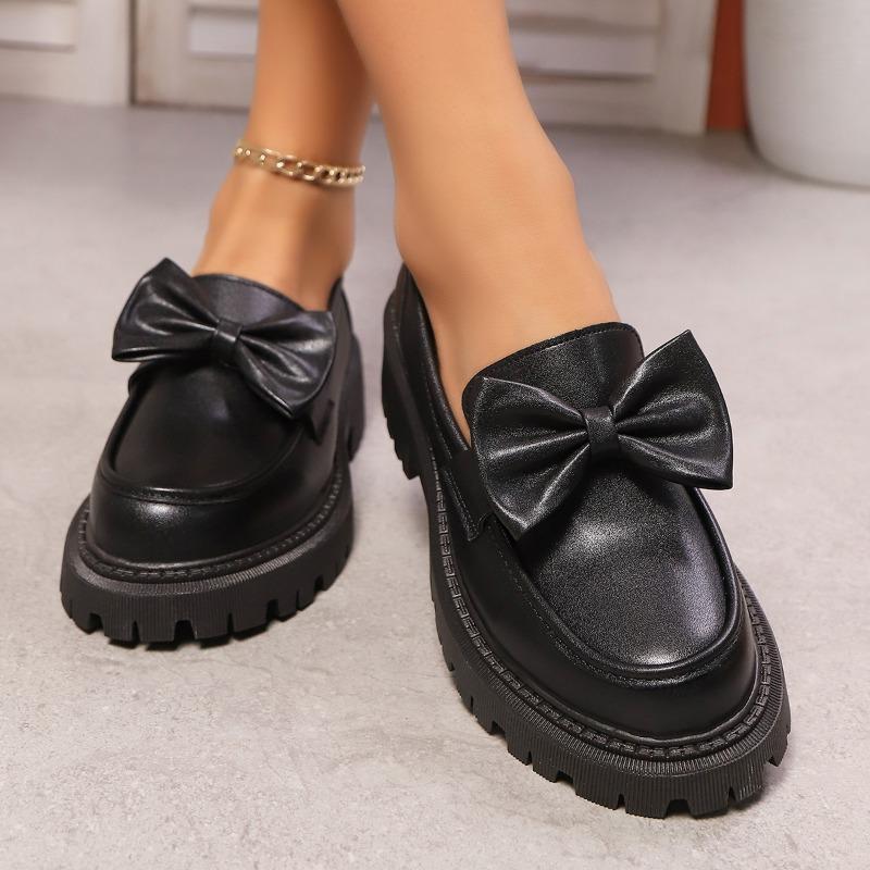 Preppy Style Bowknot Platform Loafers for Women Fashion Thick Bottom Pu Leather Shoes Woman Plus Size Round Toe Lolita Shoes